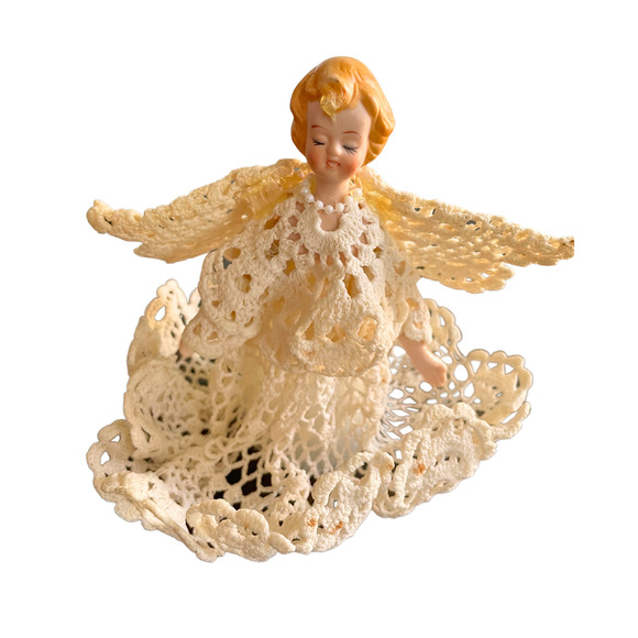 Vintage Ceramic Angel Topper with Crocheted Dress I Christmas Accents - Picture 1 of 3